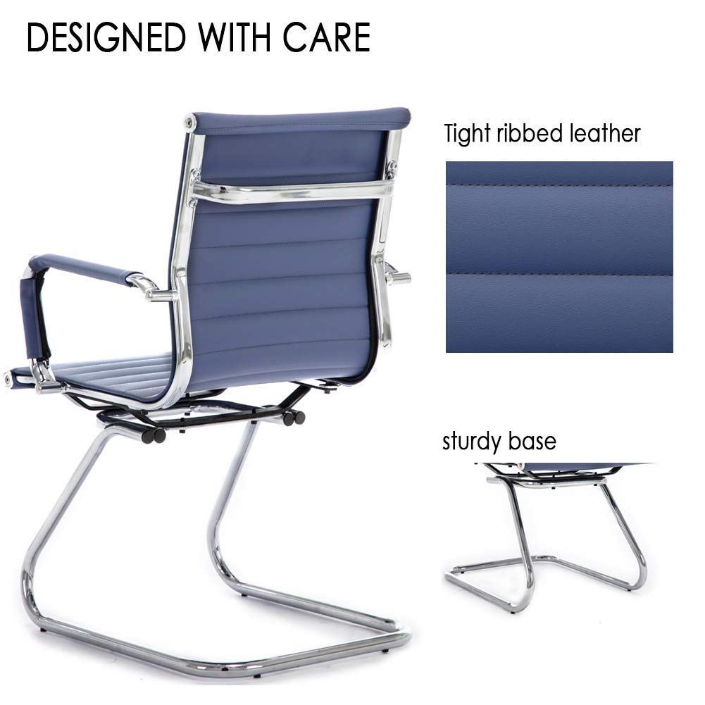 Conference Room Chairs Set of 4, Office Guest Chair with Armrests, Faux Leather Upholstery & Metal Sled Base, Comfortable Meeting Room Chairs for Office/Reception/Conference, Navy Blue