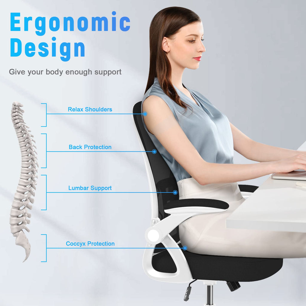Ergonomic Office Chair, Mid-Back Computer Chair with Adjustable Height, Flip-Up Arms and Lumbar Support, Breathable Bright White Mesh Desk Chair for Home Study Working
