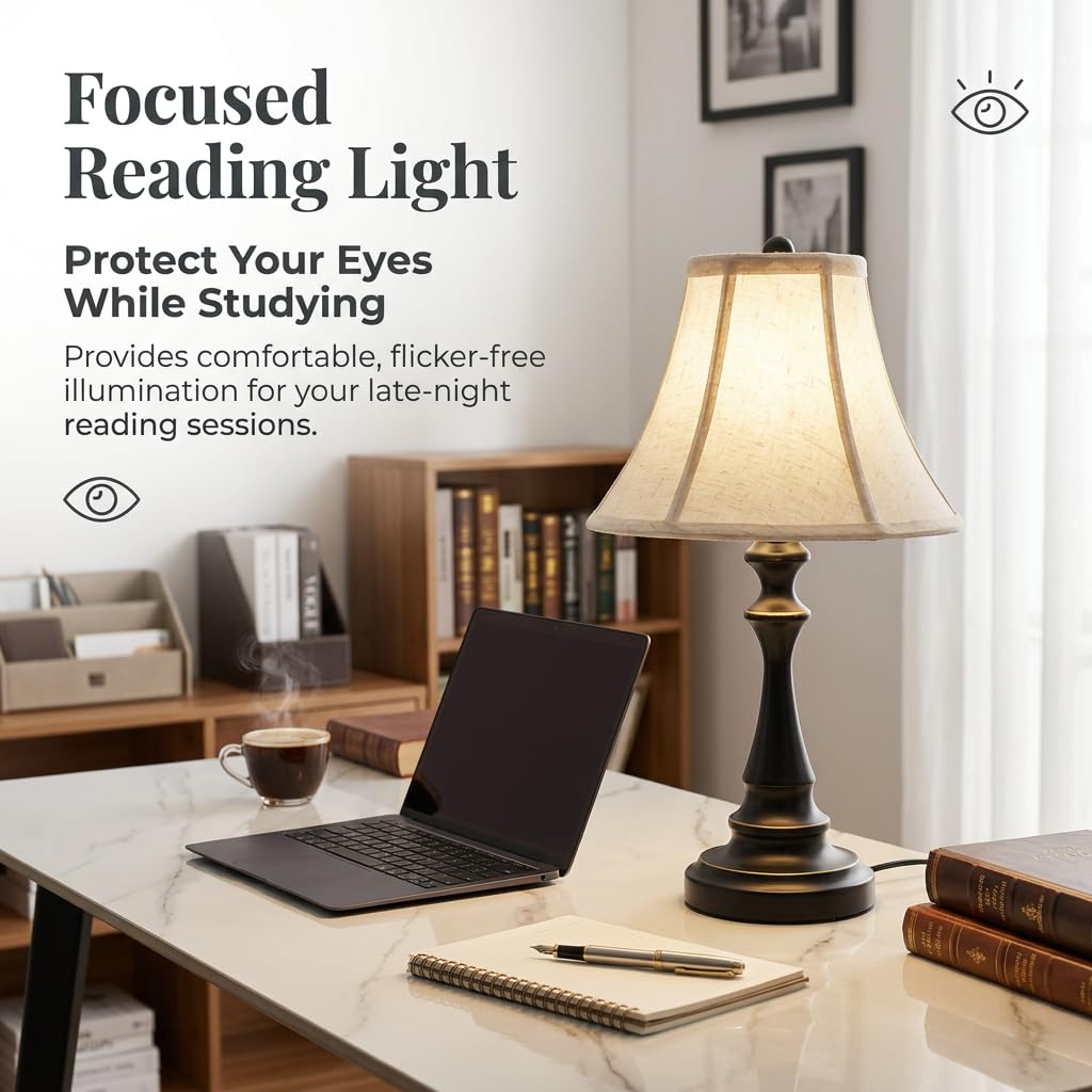 Traditional Table Lamp, Black Vintage Desk Lamp with Fabric Shade