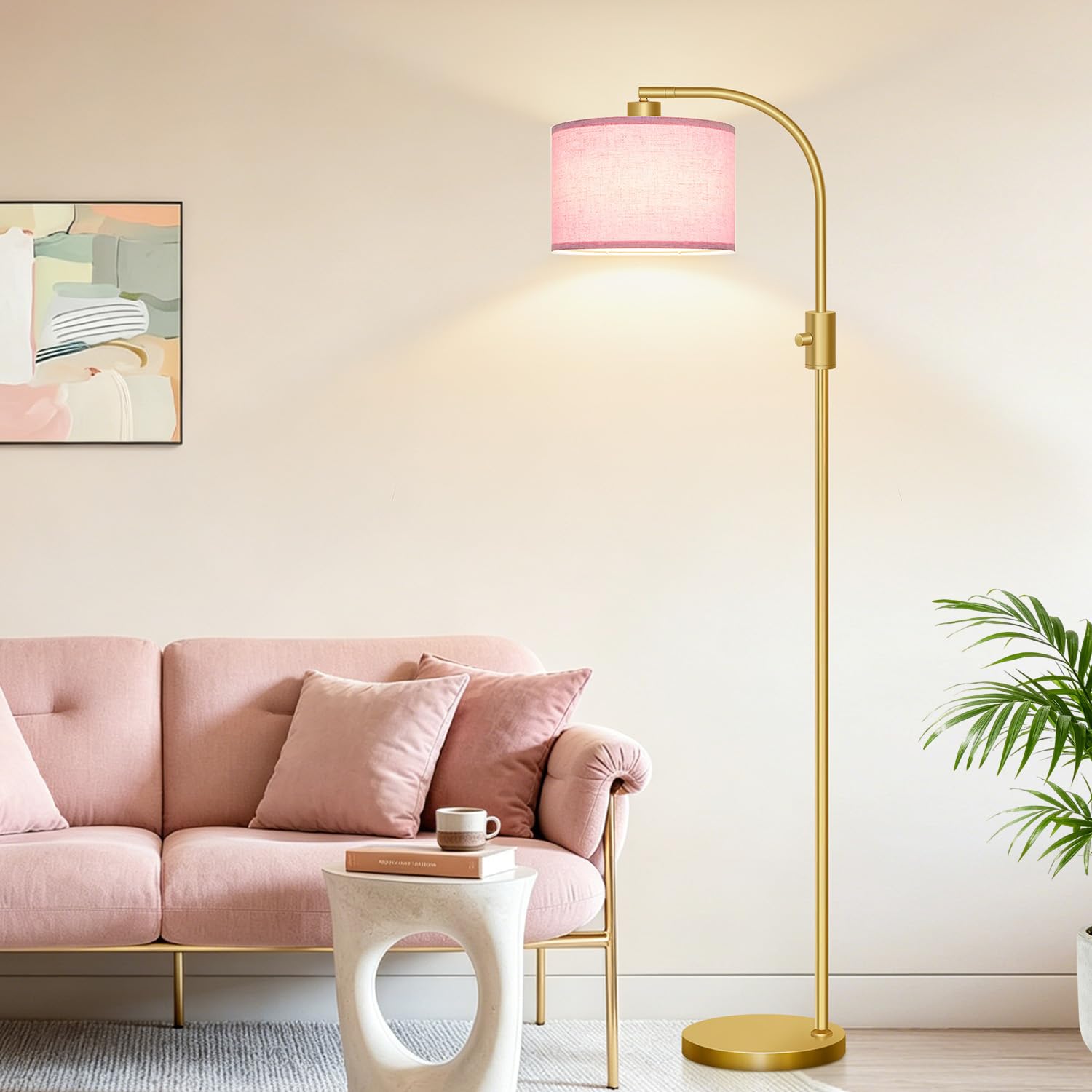 Floor Lamp, 1200 Lumens LED Edison Bulb Included, Arc Gold Floor Lamps for Living Room Modern Standing Lamp with Pink Linen Shade