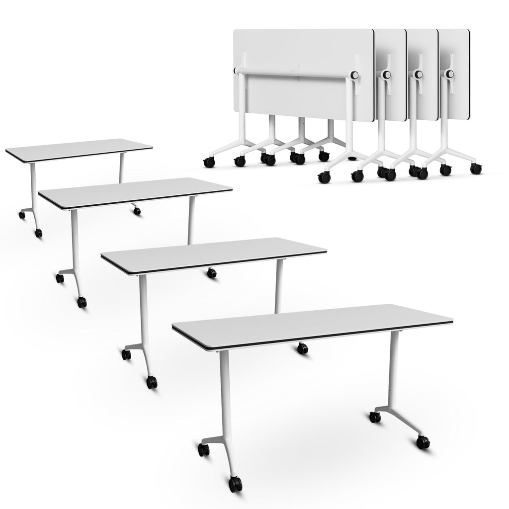 Folding Conference Table with Wheels, Flip-Top, 55.1in, 8 Pack, White