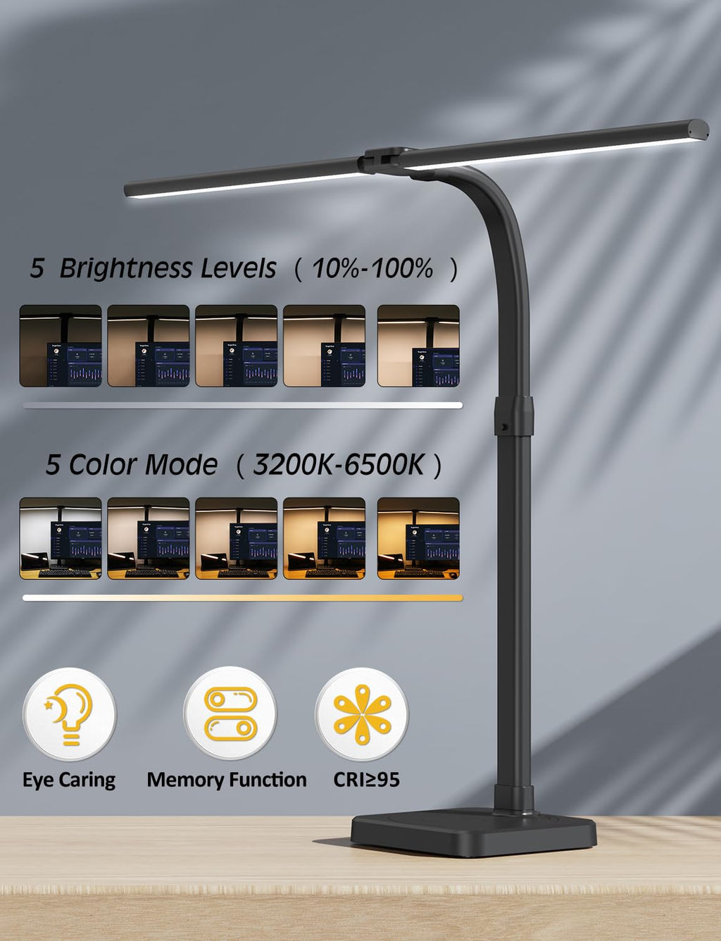 LED Desk Lamp for Office, Double Head 24W with Base, Architect Light 5 Lighting Brightness Flexible Gooseneck Table Reading Study, Black
