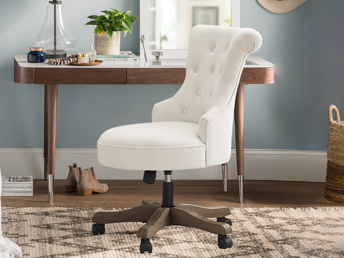 Home Office Chair Upholstered Armless Desk Chairs with Wheels Adjustable Height Computer Desk Chair with Wooden Legs Linen Comfortable Swivel for Home Office Study Studio (Beige)