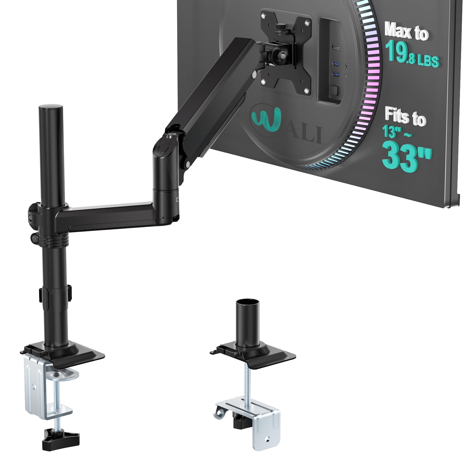Single Monitor Arm 13-33 Inch, Single Monitor Mount, Vesa Desk Mount up to 19.8lbs Single Monitor Stand with Clamp, VESA 75x75mm or 100x100mm Compatibility(GSDM001), Black