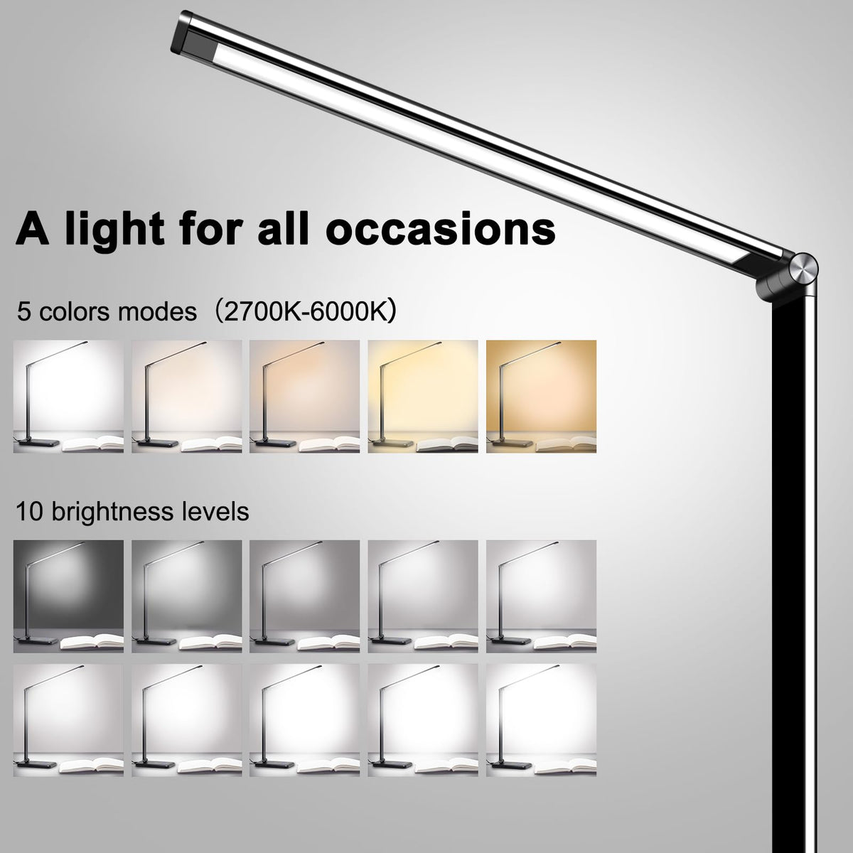 8-in-1 LED Desk Lamp with 10W Fast Wireless Charger,USB Charging Port,Desk Lamps for Home Office,5 Color Mode 7 Brightness Desk Light Night Light,40Min Timer, Reading Table Lamp for Bedroom