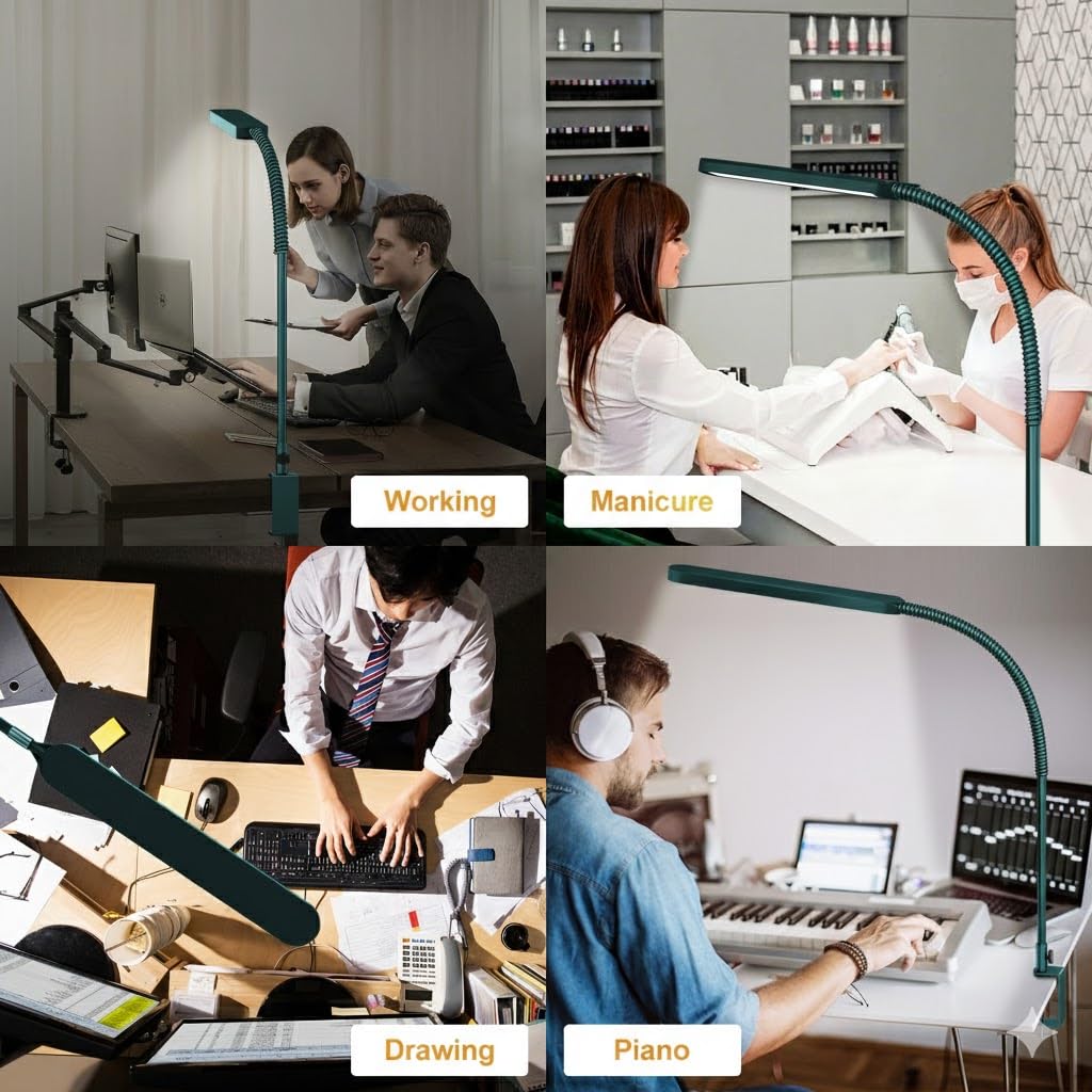 LED Desk Lamp - Desk Light for Office - Flexible Gooseneck - 5 Color Modes X 11 Brightness Levels - 1300LM - Timmer & Memory Function - 12W Clip on Light - Green