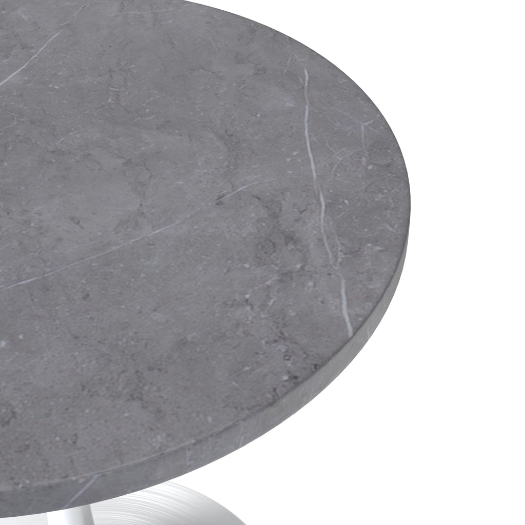 LeisureMod Verve Mid-Century Modern Dining Table with a 27" Round Sintered Stone Tabletop and White Stainless Steel Pedestal Base for Kitchen and Dining Room (Grey)