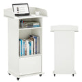 Podium Stand Portable with Wheels, Classroom Lectern for Teacher with Adjustable Storage Shelf, Mobile Rolling Church Pulpits, Office Wooden Reception Desk, Host Stand for School Conference（White）