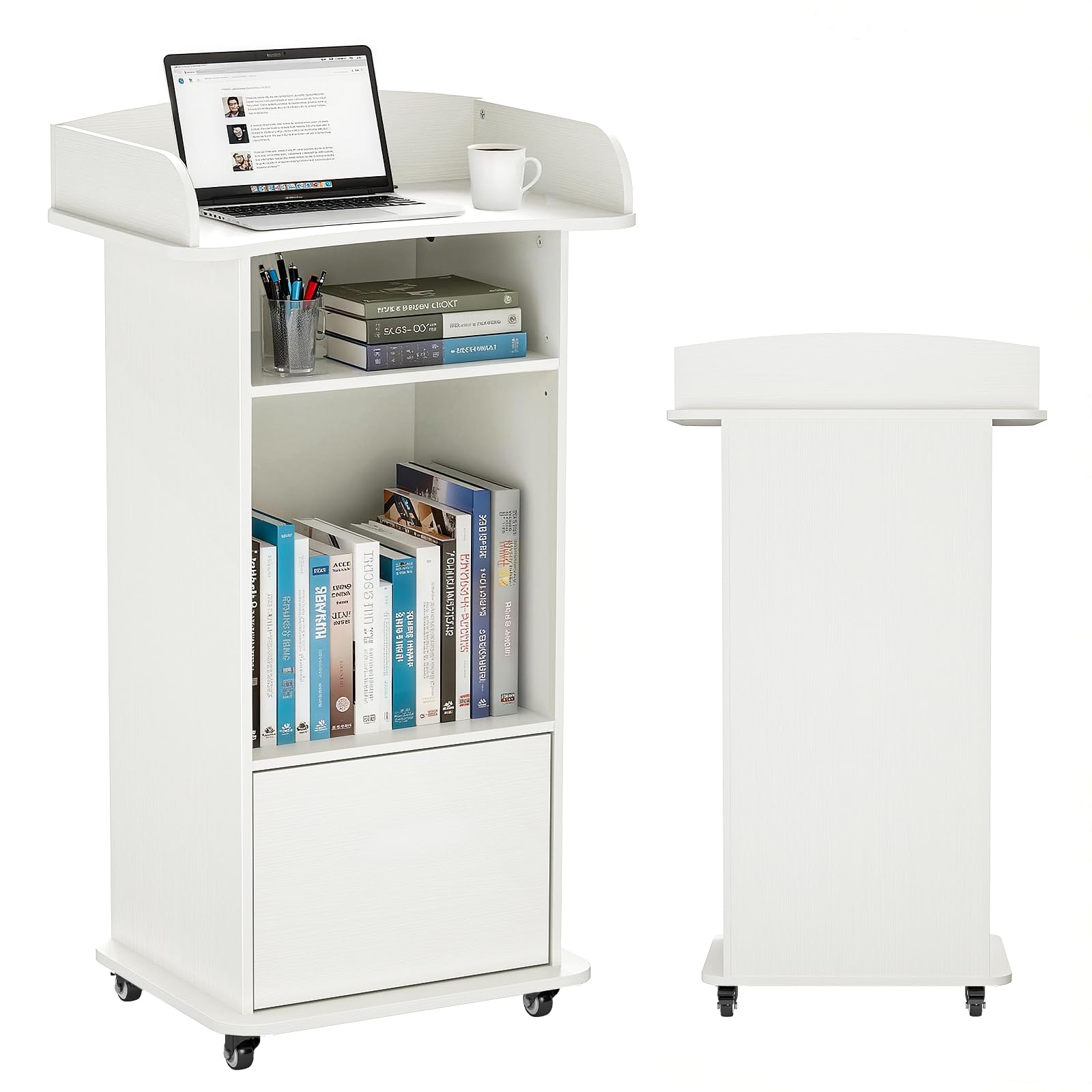 Podium Stand Portable with Wheels, Classroom Lectern for Teacher with Adjustable Storage Shelf, Mobile Rolling Church Pulpits, Office Wooden Reception Desk, Host Stand for School Conference（White）