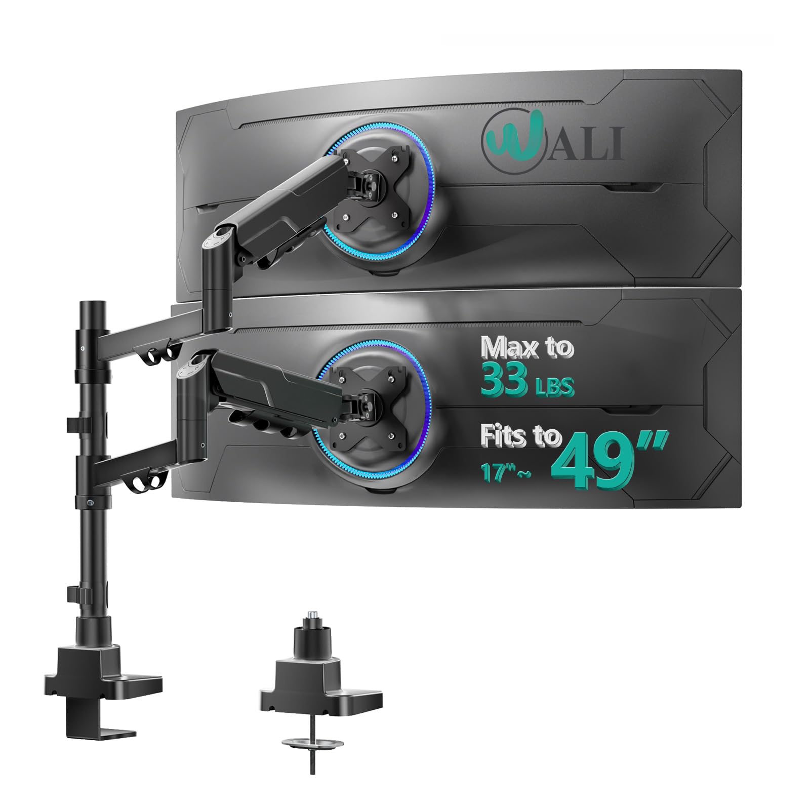 Vertical Dual Monitor Mount for 17-49 inch Ultrawides Curved Screens, Heavy Duty Stacked Dual Monitor Stand for Desk, Adjustable Ultrawide Monitor Arm up to 33lbs, VESA Mount 75/100mm, Black