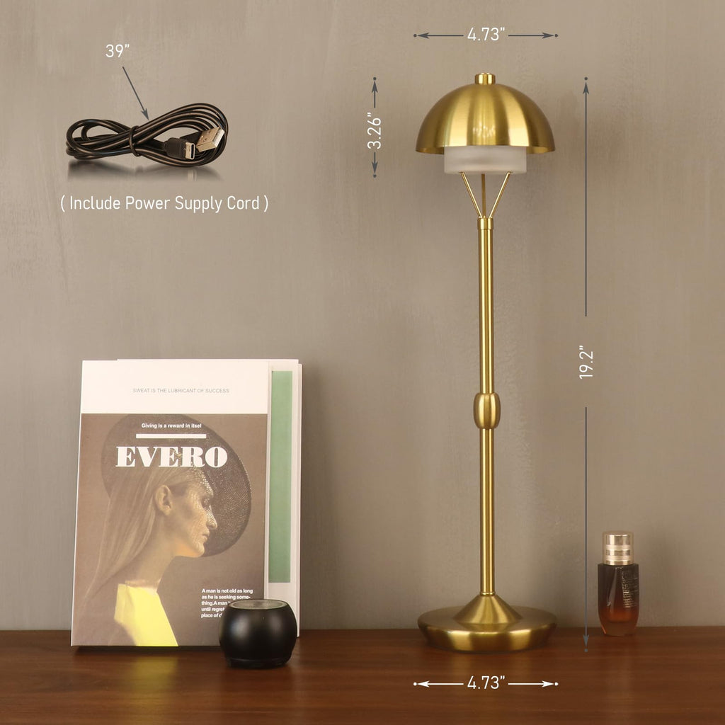 Modern Table Lamp Cordless Portable Desk Lamp, 2700K Stepless Dimming Rechargeable Battery Operated LED Lights for Bedroom, USB-C Charging, Restaurant/Bar/Night Light/Gifts (Brass)
