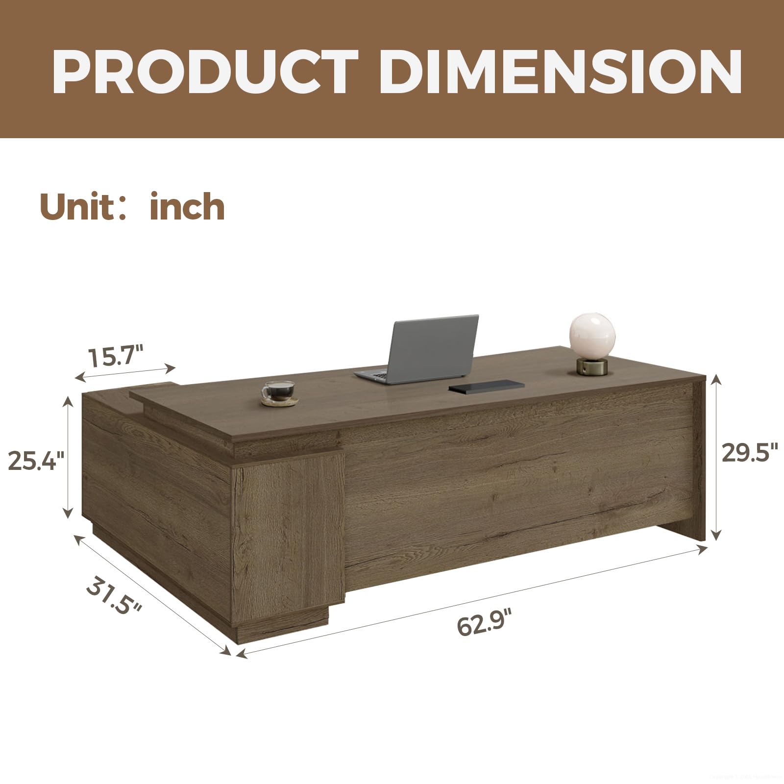 63" L-Shaped Executive Desk with Reversible Return, Compact Office Desk with Locking Drawers, Open Storage Cabinet, Cable Management Box, Front Privacy Panel, Rustic Brown