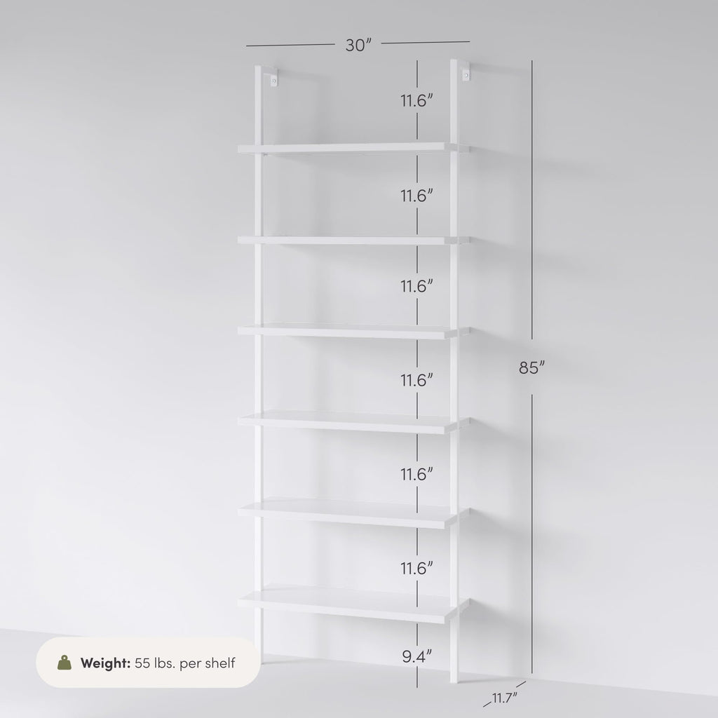 6-Shelf Tall Modern Bookshelf, Wall Mount Ladder Shelf Bookcase with Wood and Industrial Metal Frame, Matte White