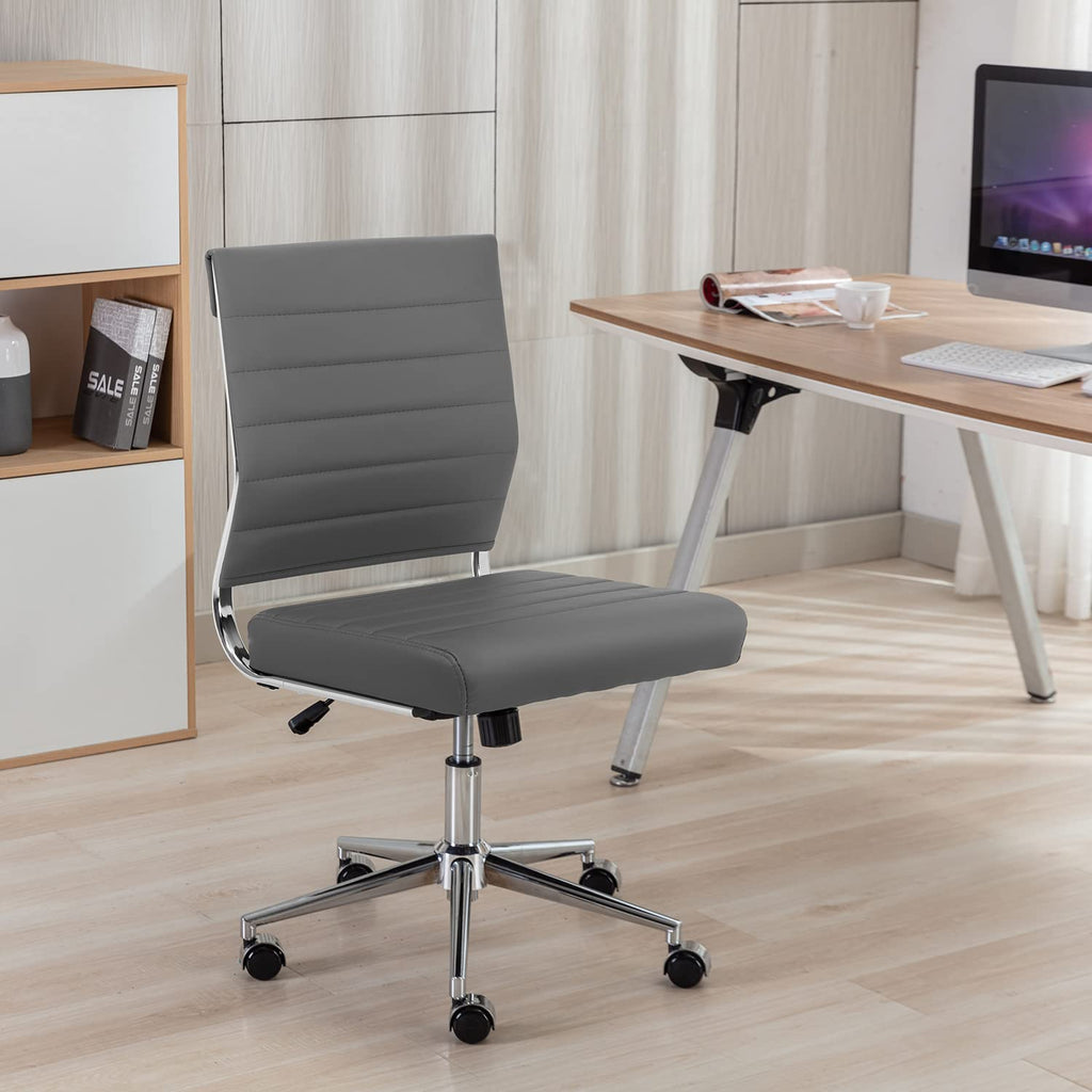 Armless Office Desk Chair, Mid Back Ergonomic Swivel Conference Room Chair, Adjustable Height PU Leather Home Desk Chair with Lumbar Support, Modern Small Rolling Computer Task Chair, Gray
