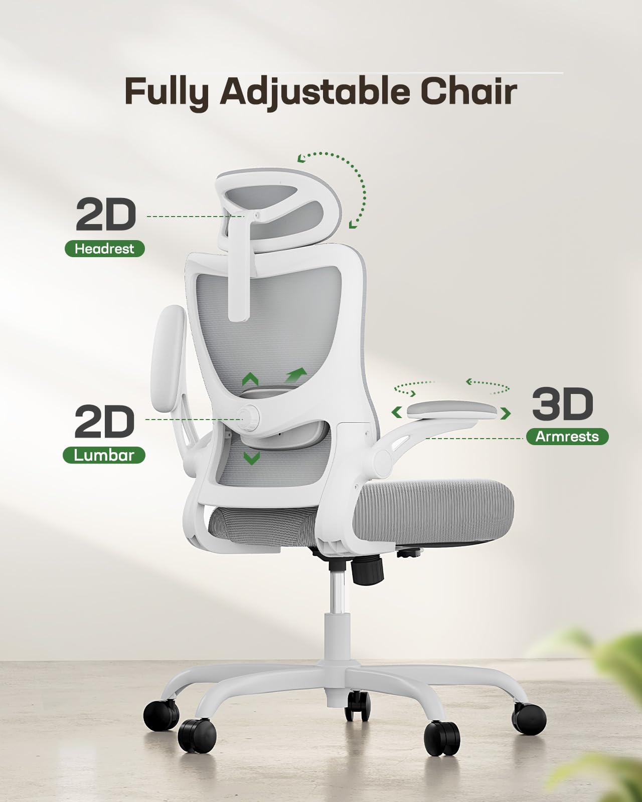 Ergonomic Office Chair: Office Computer Desk Chair with High Back Mesh and Adjustable Lumbar Support Rolling Work Swivel Task Chairs with Wheel 3D Armrests and Headrest