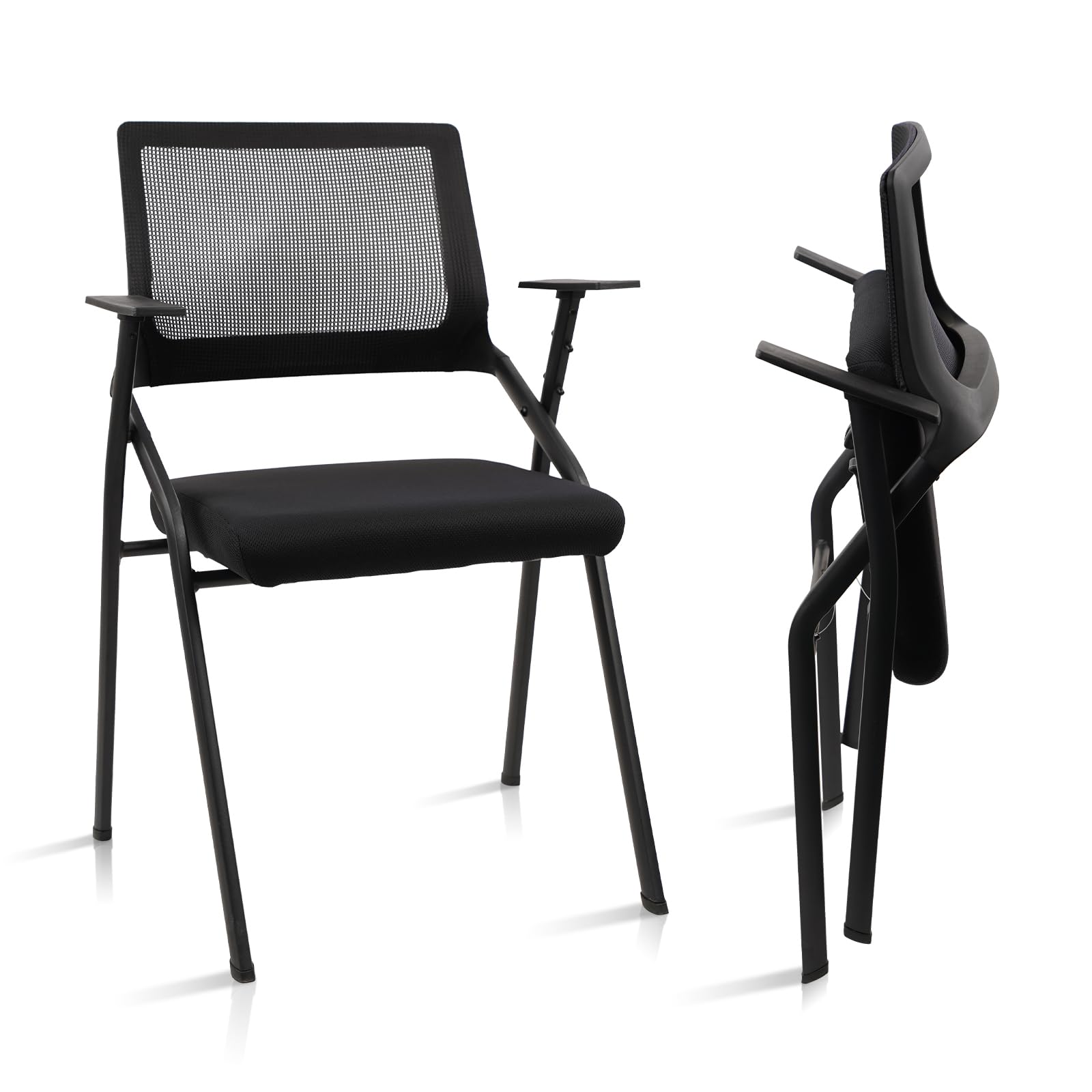 Black (2 pk) Stackable & Foldable Office Chairs with Ergonomic Lumbar Support and Thickened Seat Cushion, Folding Mesh Fabric Reception Guest Chair for School Church Conference Waiting Room