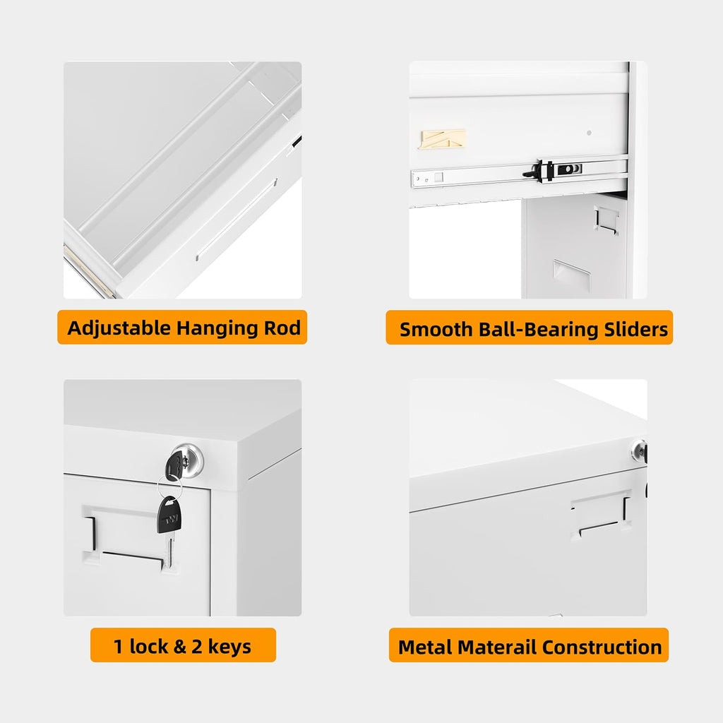 3 Drawer File Cabinet, White Metal Filing Cabinet with Lock, Locking Tall File Cabinets with 4 Adjustable Hanging Frame for Home Office, Name Tag