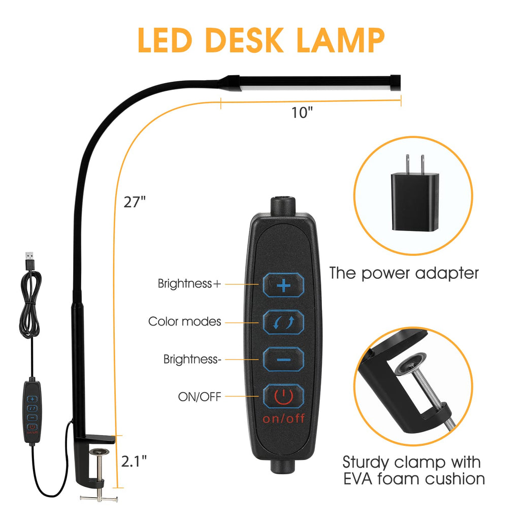 LED Desk Lamp with Clamp, Eye-Caring Clip on Lights for Home Office, 3 Modes 10 Brightness, Long Flexible Goose-Neck, Metal, Swing Arm Architect Task Table Lamps with USB Adapter, Black