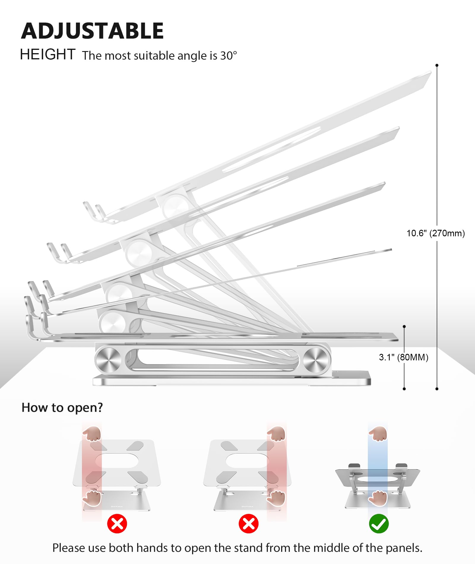 Laptop Stand, Adjustable Multi-Angle Laptop Holder, Compatible for Laptops up to 17 inches, Sturdy Aluminum & Silicone, Silver