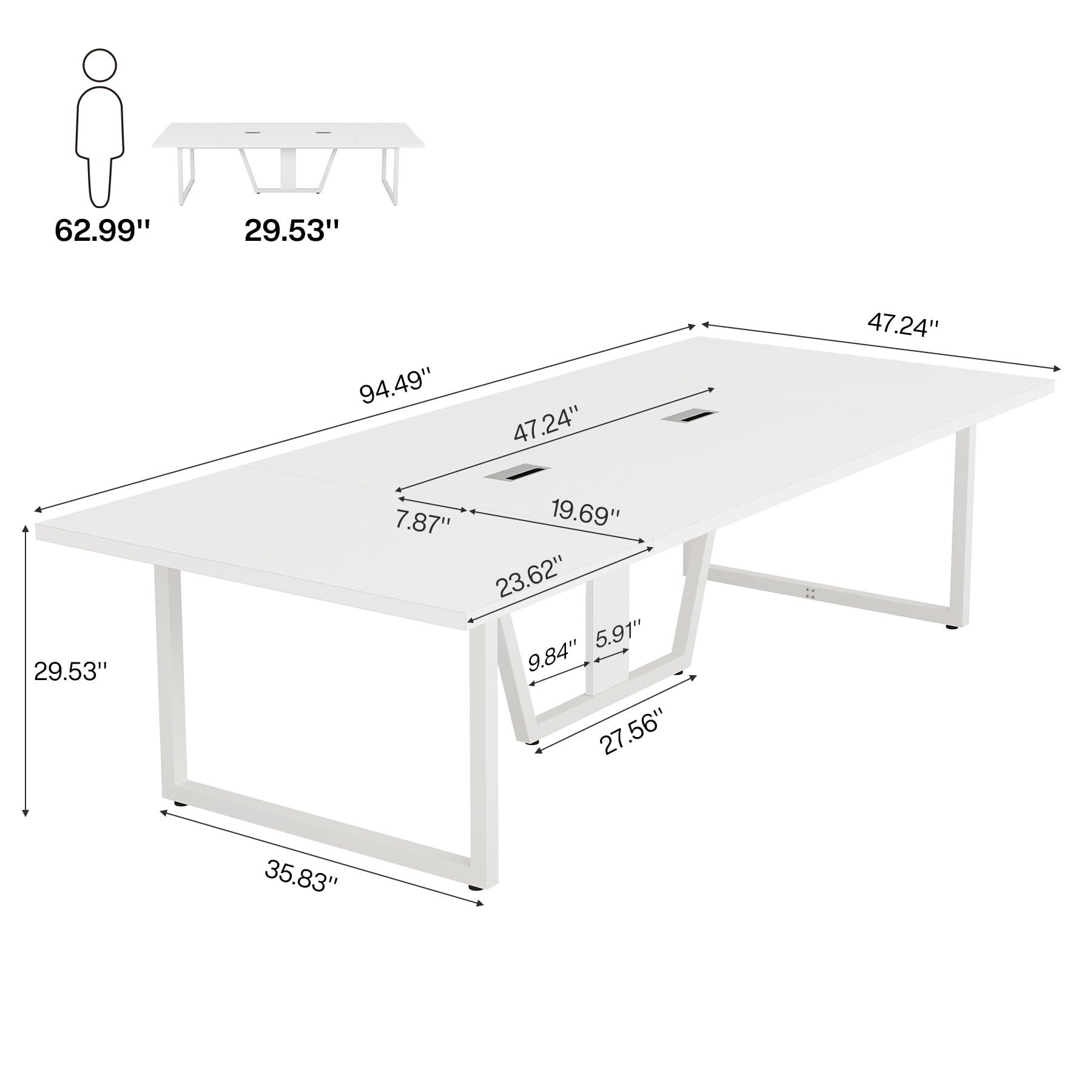 8FT Conference Table, 94.49 L x 47.24 W x 29.53 H Inches Large Meeting Podcast Table for 10 People, Business Style Wooden Training Table with Strong Metal Frame for Office Conference