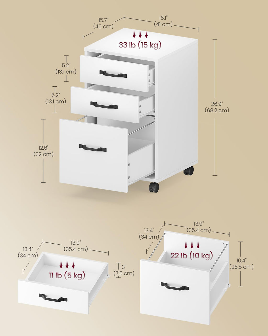 Mobile File Cabinet, 3 Drawers Filing Cabinet with Wheels