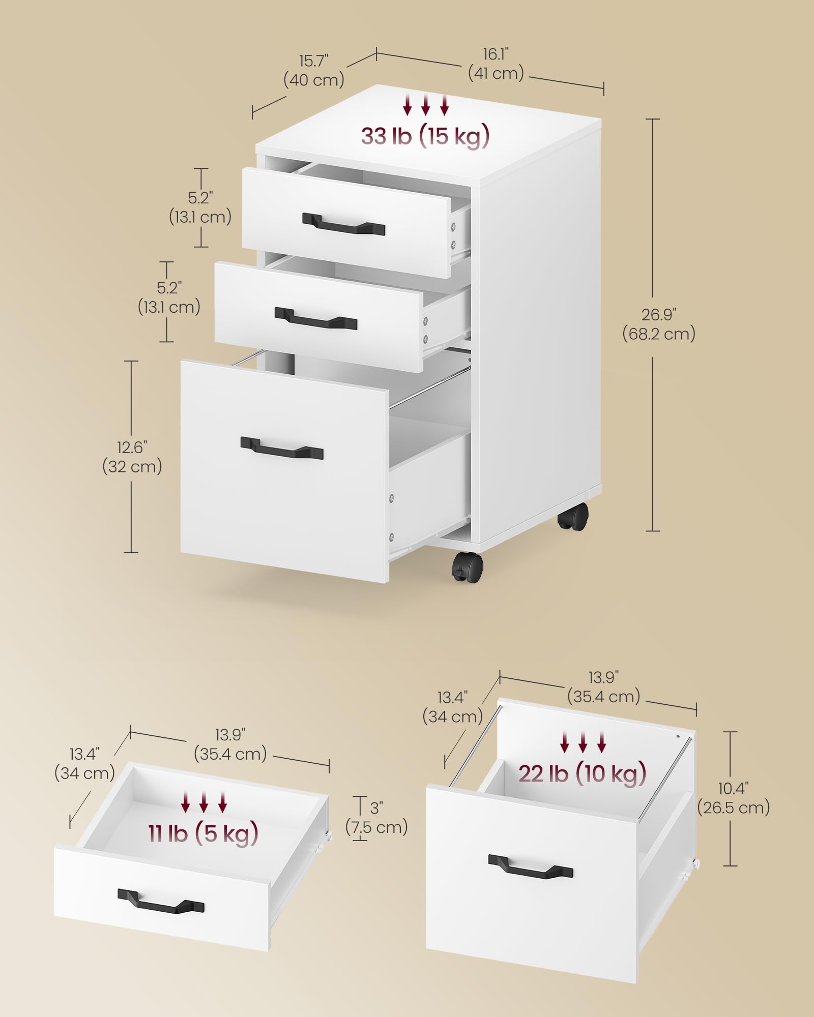 Mobile File Cabinet, 3 Drawers Filing Cabinet with Wheels