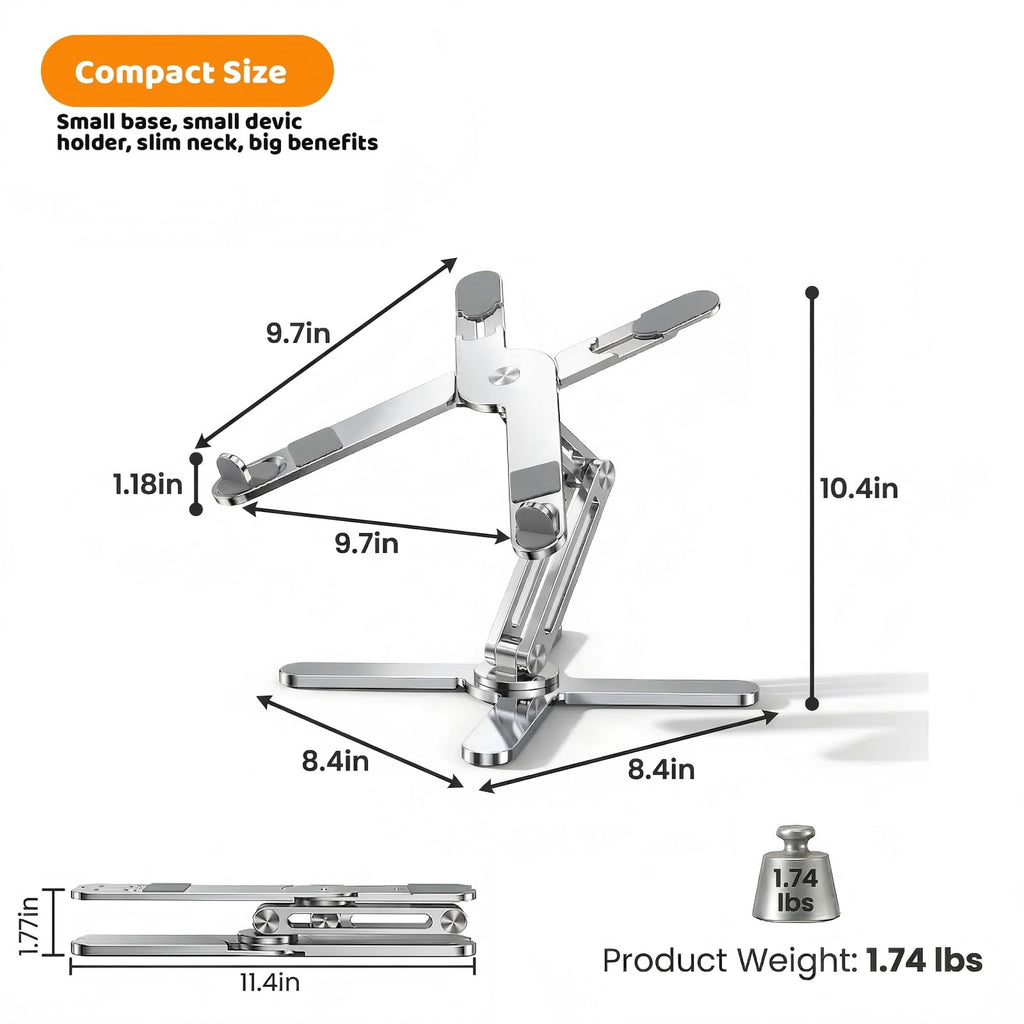 Rotating Laptop Stand, Adjustable Height & Angle, Ergonomic Metal Riser for Desk Collaborative Work, Fully Foldable for Easy Storage, Fits All MacBook & Laptops up to 16 inches, Silver