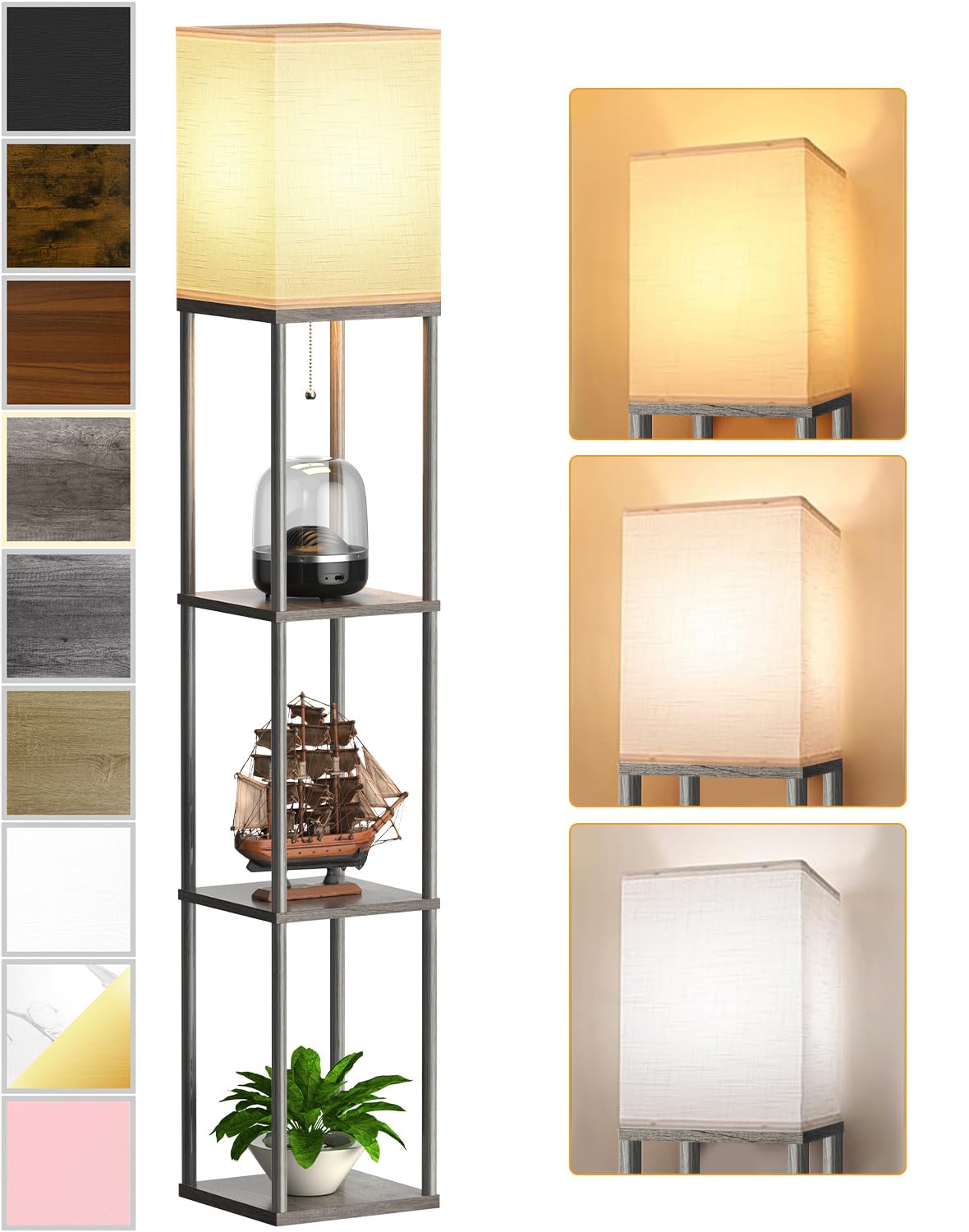 Floor Lamp with Shelves for Living Room Oak Gray, Shelf Floor Lamp with 3 CCT LED Bulb, Corner Display Standing Column Lamp Etagere Organizer Tower Nightstand with White Linen Shade for Bedroom Office