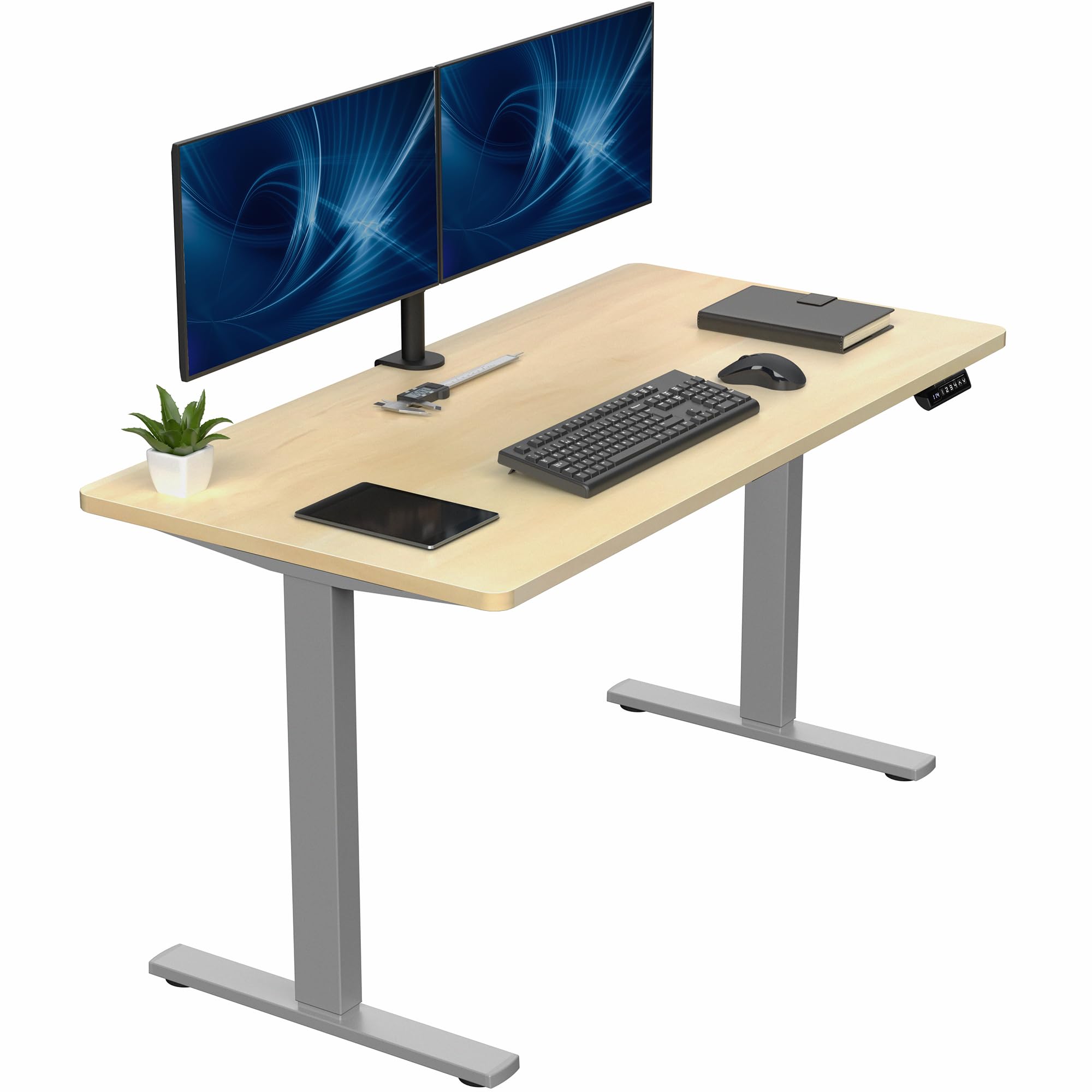 Electric 55 x 28 in Standing Desk, Memory Height Adjustment, 1B Series, Holds 220 lbs, One-Piece Light Wood Top, Gray Frame