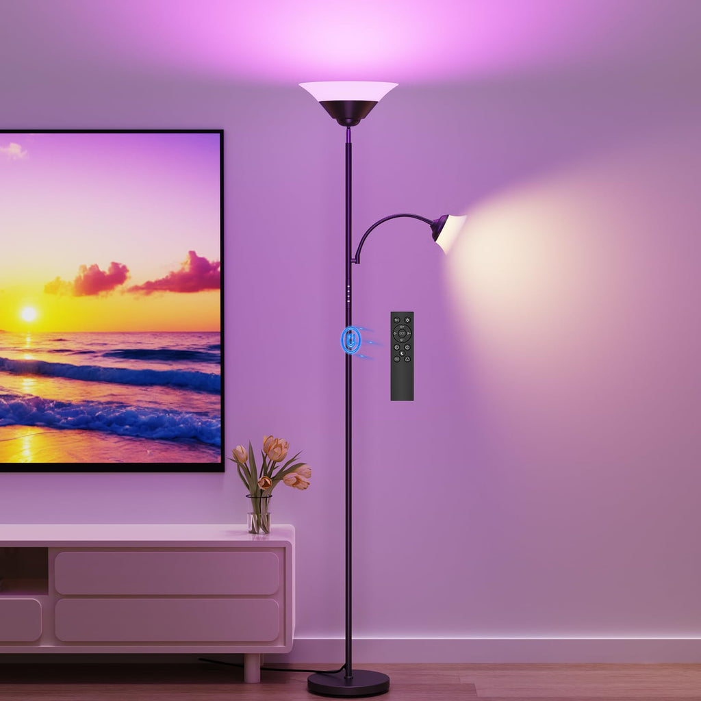 RGB Torchiere Floor Lamp, 2-in-1 Dimmable Standing Lamp with Remote & Button Control, 34W 360° Rotatable LED Reading Lamp, 72" Modern Tall Corner Lamp for Bedroom, Living Room, Office, Black