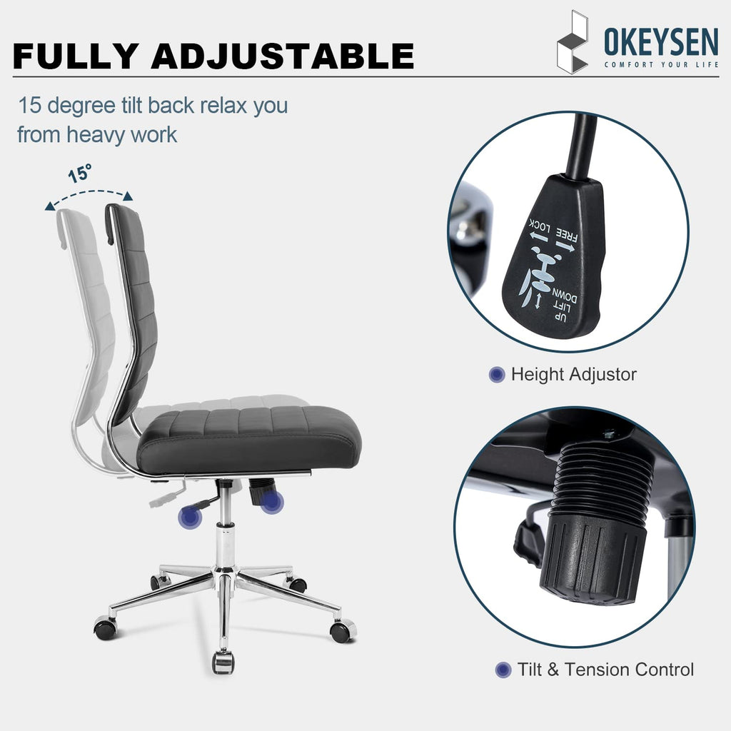Armless Office Desk Chair, Mid Back Leather Conference Room Chairs Without Armrests, Modern Office Chair Ribbed.