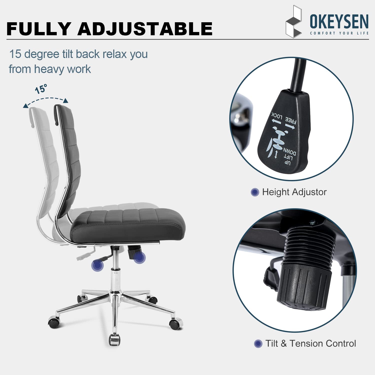 Armless Office Desk Chair, Mid Back Ergonomic Swivel Conference Room Chair, Adjustable Height PU Leather Home Desk Chair, Modern Small Rolling Computer Task Chair, Black