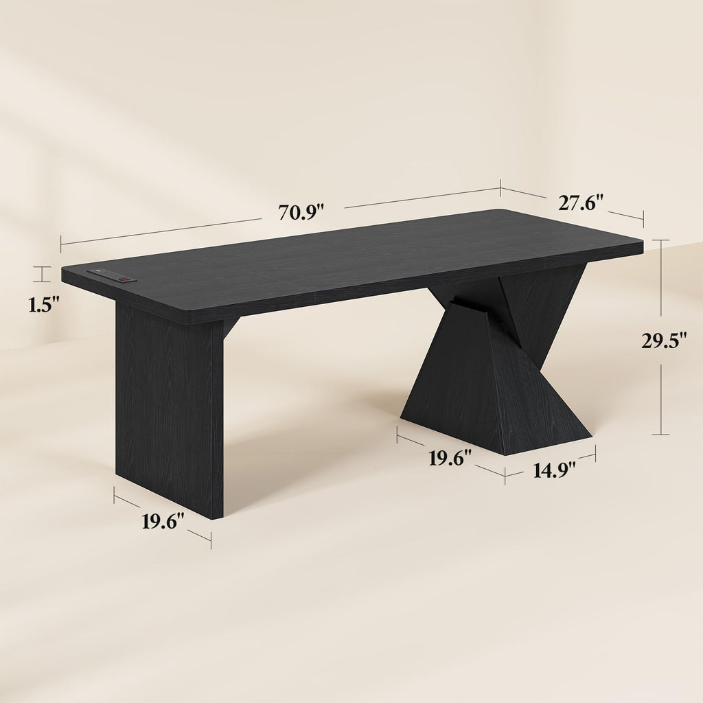 70.9 Inch Executive Desk with Power Outlet, Large Home Office Desk, Modern Aesthetic Computer Writing Table Workstation Business Furniture,Black