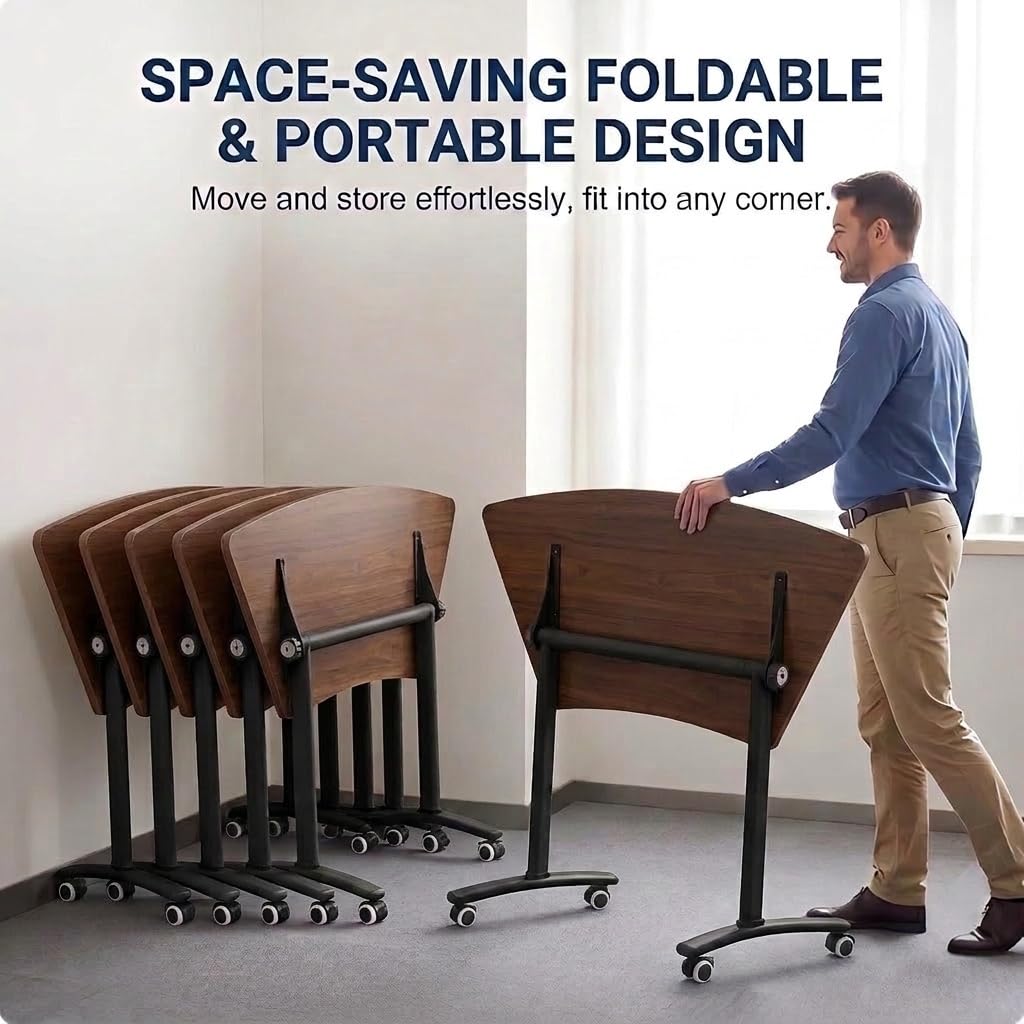 Folding Round Conference Table with Wheels, Flip Top Training Desk, 360° Lockable Casters, Stackable Nesting Mobile Seminar Table for Office Classroom,Walnut,40in,10