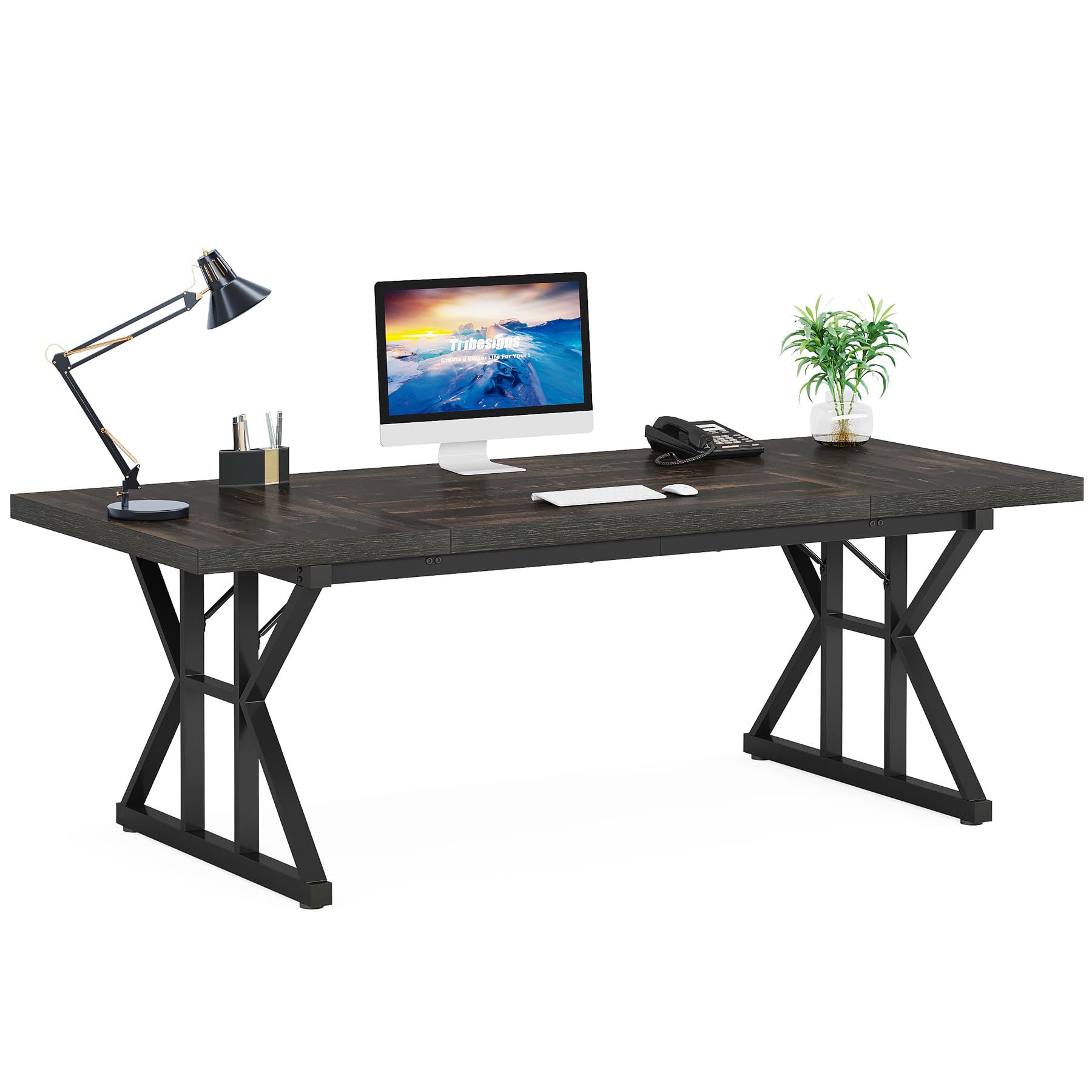 70.8-Inch Executive Desk, Large Computer Office Desk Workstation, Modern Simple Style Laptop Desk Study Writing Table Business Furniture for Home Office (Black Oak, 70.8 Inch)