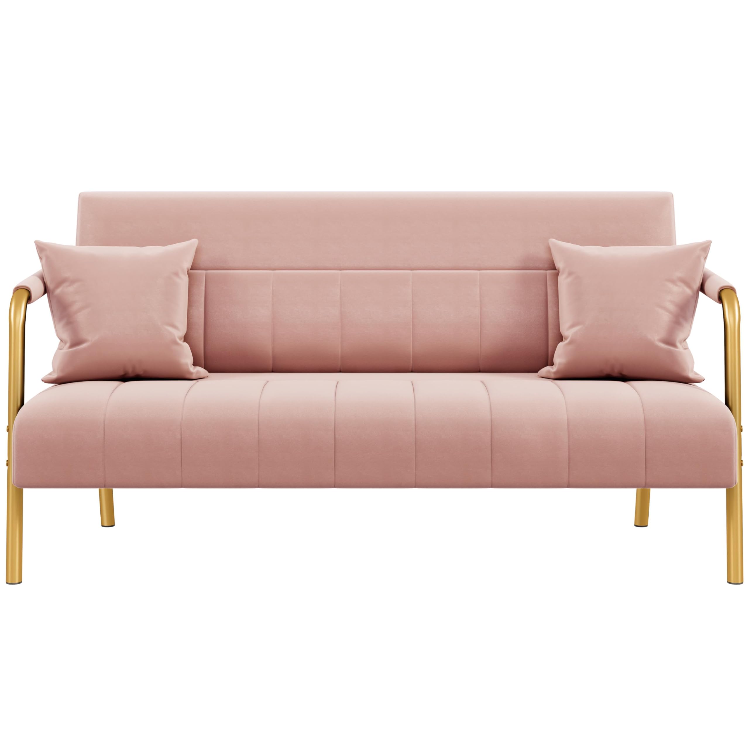 56.5" W Modern Sofa Small Sofa Luxurious Velvet Fabric Couch with Gold-Tone Metal Arms and Legs for Living Room, Office, Studio Pink