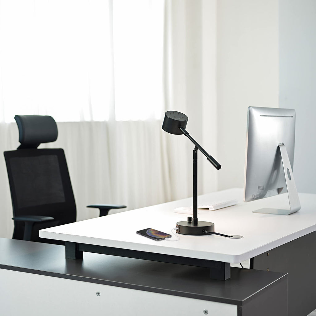 Aristocrat 16" Integrated LED Swing Arm Desk Lamp, Matte Black, Dimmable On/Off Rotary Switch at Base, 2.1A USB Port