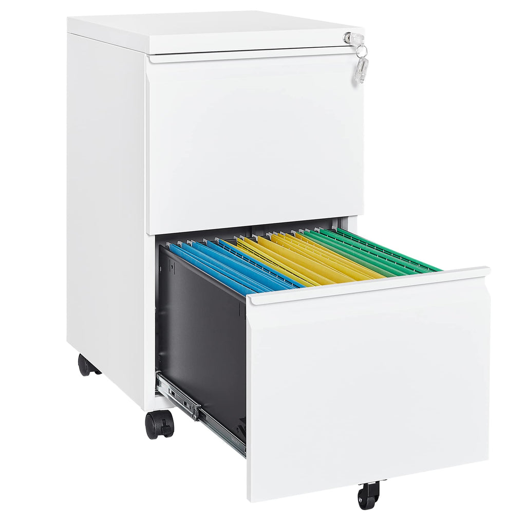 2 Drawer Mobile File Cabinet with Lock,Under Desk Metal Filing Cabinets for Home Office Organizer Letters/Legal/A4(Fully Assembled-White)