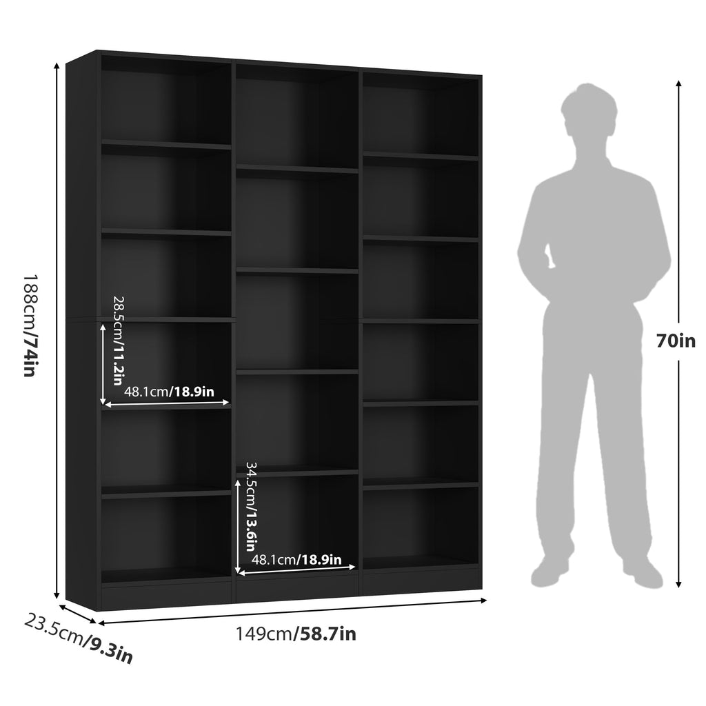 Triple Wide Bookshelf, Large Bookshelf with 17 Display Shelves