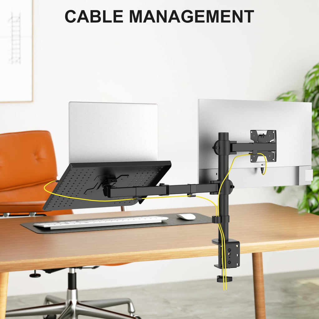 Dual Arm Laptop and Monitor Desk Mount for 17" Notebook and Up to 27" Screen, Fully Adjustable Monitor Arm with Laptop Tray, VESA 75x75 100x100, Holds up to 22 lbs, Black