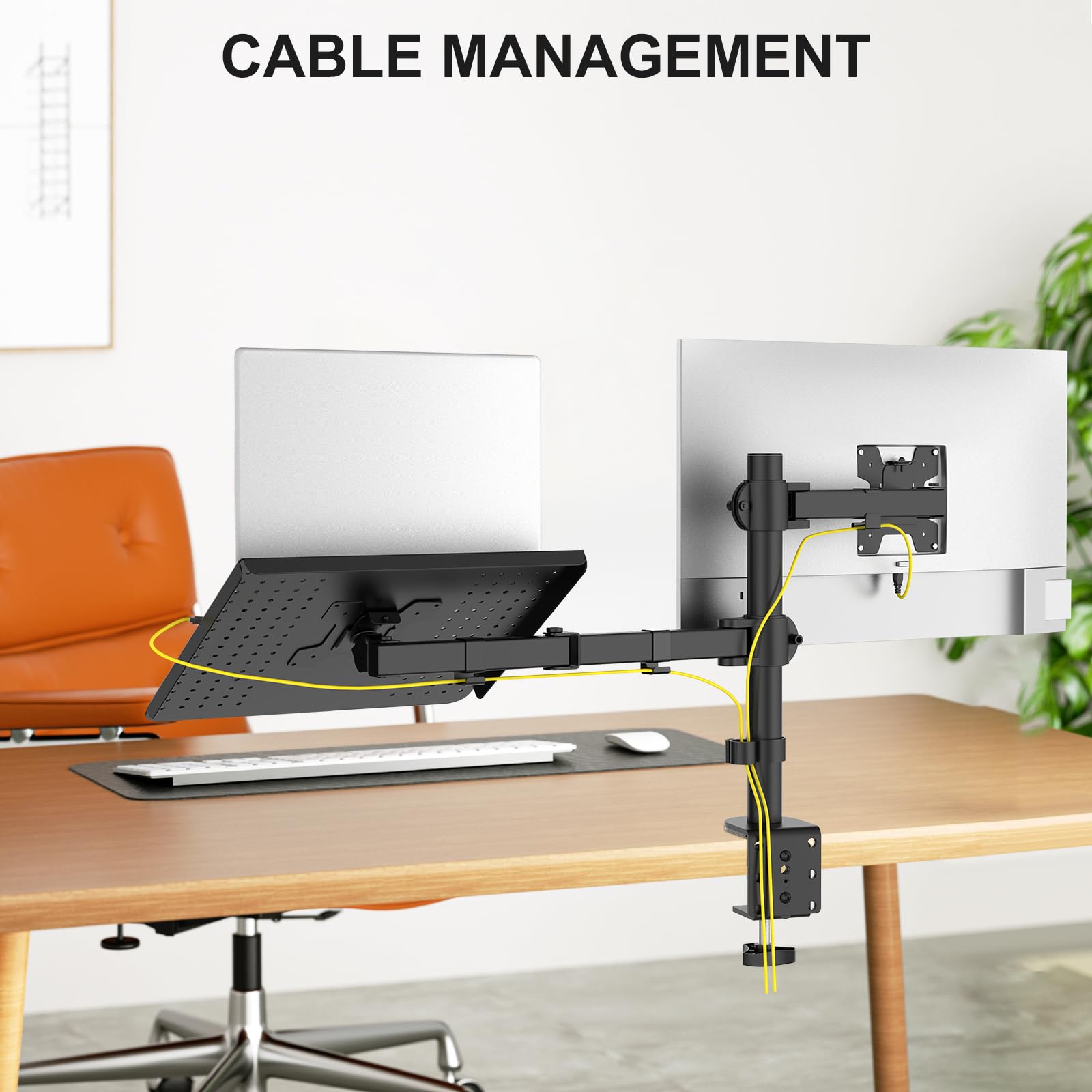 Dual Arm Laptop and Monitor Desk Mount for 17" Notebook and Up to 27" Screen, Fully Adjustable Monitor Arm with Laptop Tray, VESA 75x75 100x100, Holds up to 22 lbs, Black