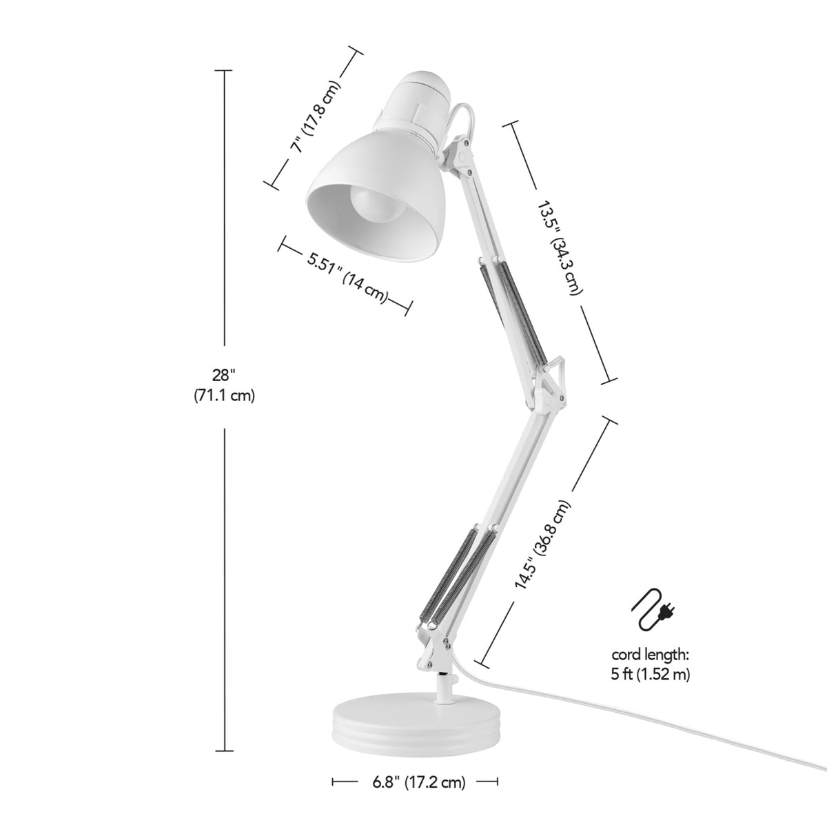 28" Swing Arm Architect Desk Lamp, Matte White, Rotary Switch on Shade, Partially Adjustable Arm, Modern Lighting for Bedroom or Office, Timeless, Indoor Lights