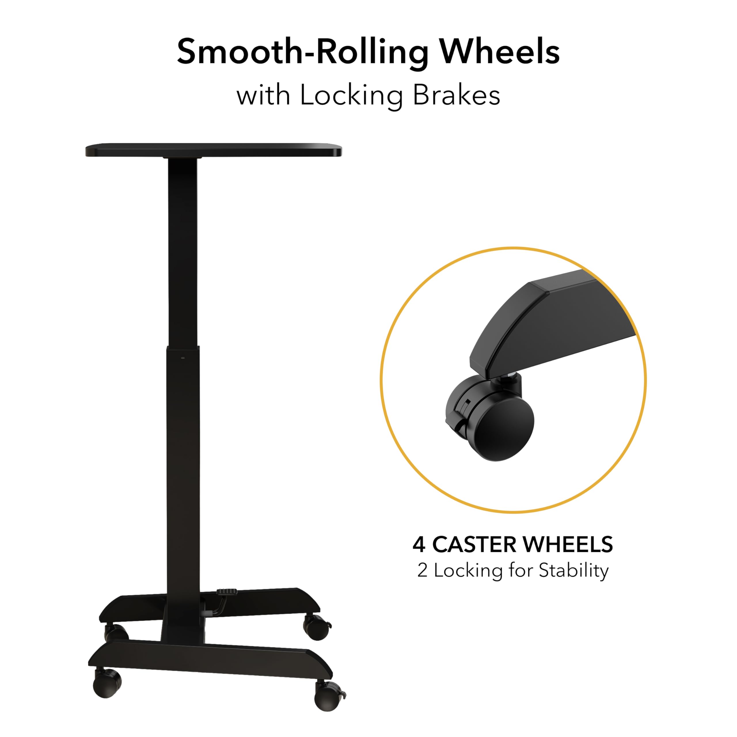 Rolling Laptop Desk Adjustable Height (29.6”-44.2”), Mobile Workstation Cart with 23.6” x 20.5” Desktop, Small Sit-Stand Desk for Home, Office, or Classroom in Black
