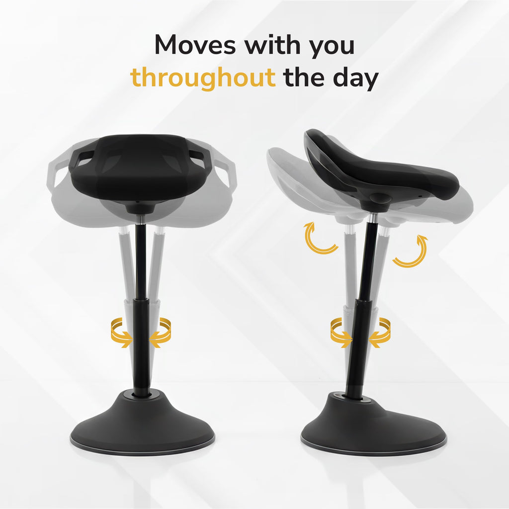 Ergonomic Sit Stand Stool, Height Adjustable Leaning Chair for Standing Desk, 360° Tilting Active Sitting Seat, High-Density Foam Cushion, Non-Slip Weighted Base, Easy Assembly (Black)