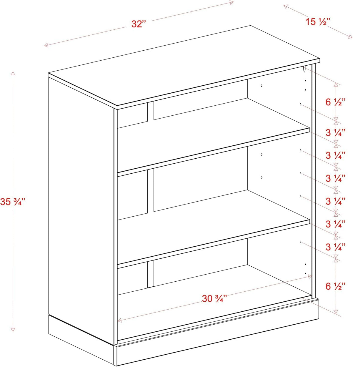 Adjustable 3-Shelf Bookcase, 100% Solid Brazilian Pine Wood