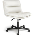 Ergonomic Armless Criss Cross Chair with Height Adjustable and Swivel, Wide & Thickened Cushion Cross Legged Vanity Chair, Comfortable PU Leather Desk Chair for Computer Task and Make Up, White