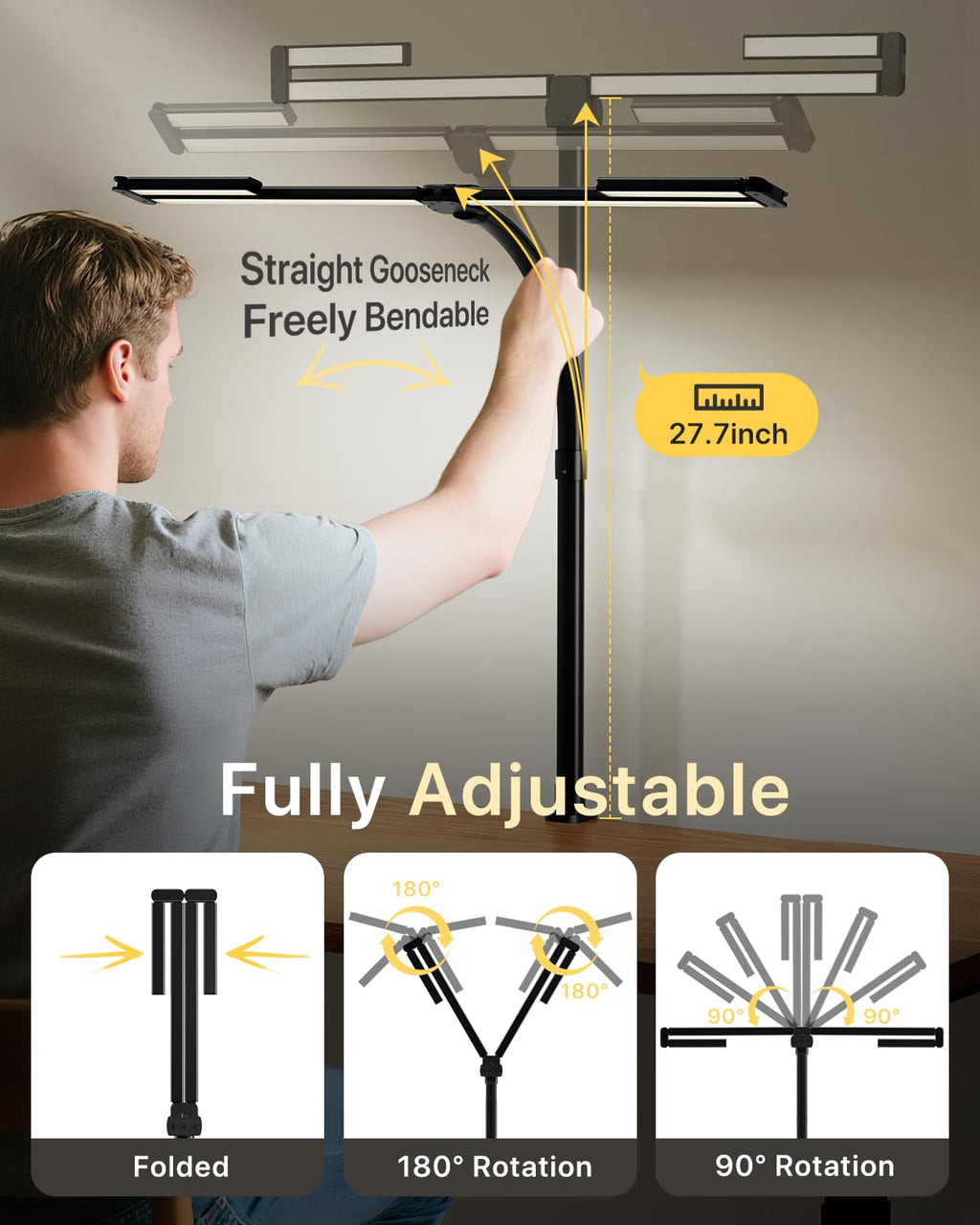 42" LED Desk Lamp with Clamp, Architect Desk Light with Remote, Adjustable 4-Segment Bar, 1800LM Bright, Eye-Caring Desk Lamp for Home Office, Reading, Study, Dual Monitors, Workbench(Black)