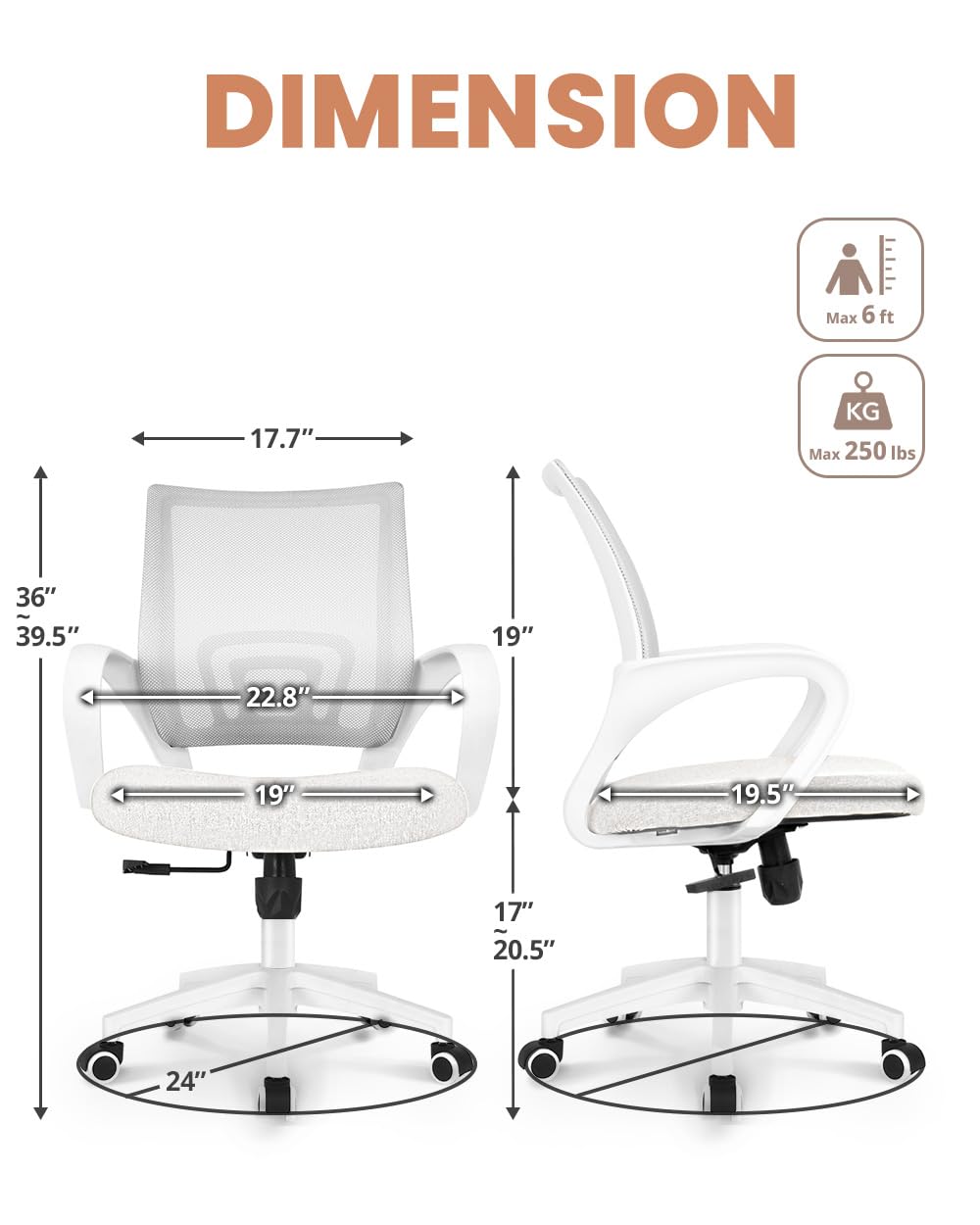 Office Desk Computer Chair Ergonomic Mesh Gaming Cushion Seat with Comfy Lumbar Mid Back Support Adjustable Height Swivel Rolling Wheels for Home Task (Ivory)