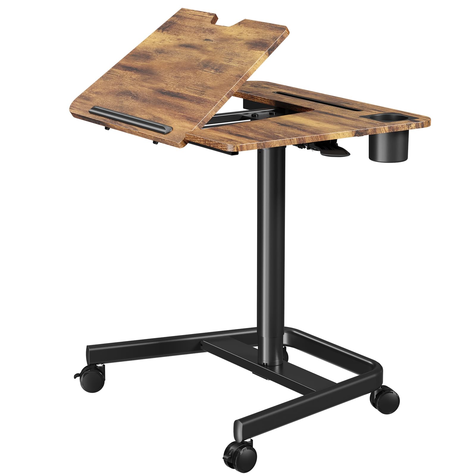 Mobile Standing Desk, Height Adjustable Table, 60° Tiltable Rolling Laptop Desk, Portable Sit Stand Desk with Wheels Cup Holder for Bed Couch Hospital, Holds Up to 22lbs, Rustic