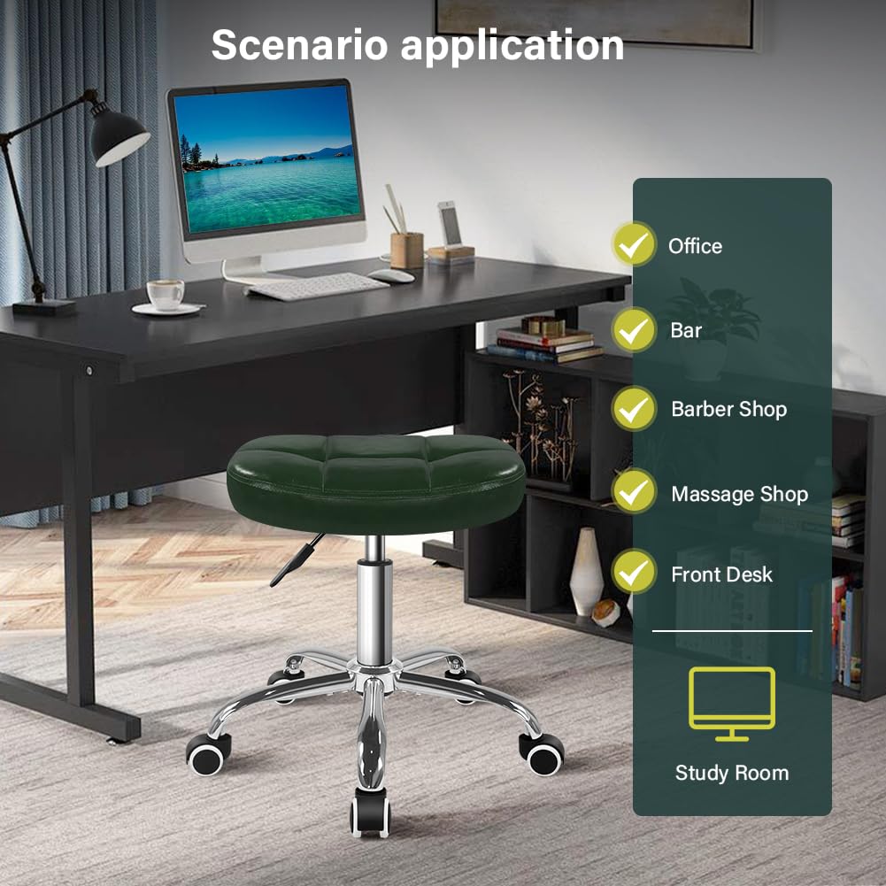 6-Square Lattice PU Swivel Stool with Wheel for Work SPA Shop Massage Height-Adjustable and Cost-Effective Rolling Stool Chair (Green)
